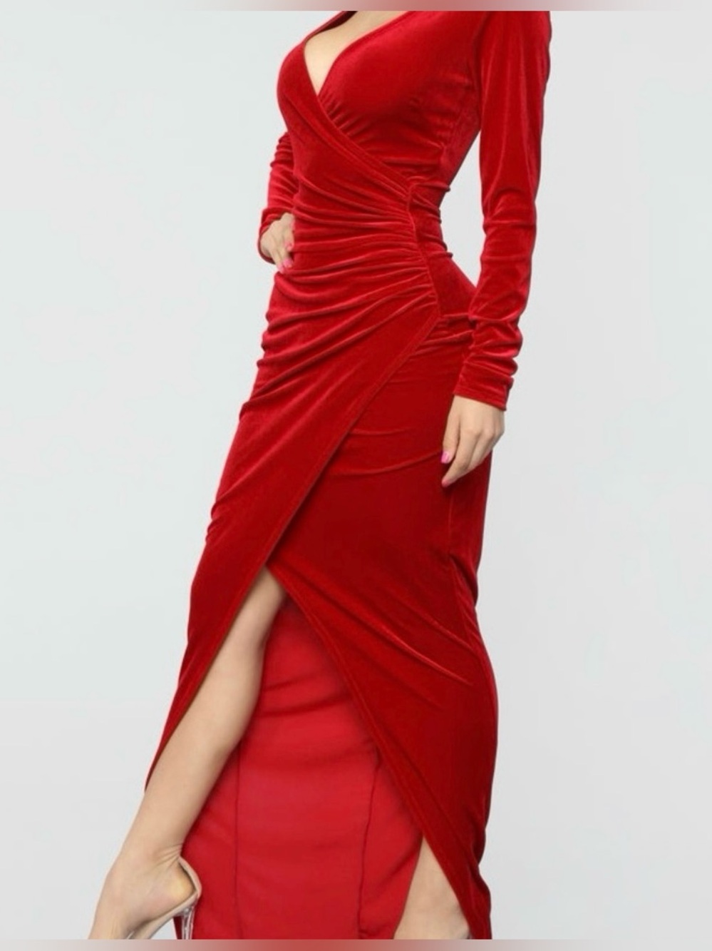Fashion Nova Red Velvet Surplice Ruched Wrap Maxi Dress